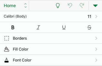 Επιλογές μορφοποίησης γραμματοσειράς στο Excel για iOS.