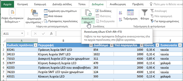 Υπολογιστικό φύλλο του Excel με επισημασμένη τη λίστα εισαγωγής και το κουμπί "Ανανέωση όλων".