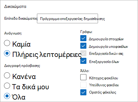 Στιγμιότυπο οθόνης που εμφανίζει επιλεγμένο το πρόγραμμα επεξεργασίας δημοσίευσης ως επίπεδο δικαιωμάτων