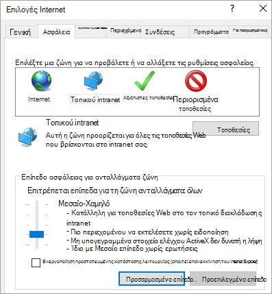 Καρτέλα "ασφάλεια" των επιλογών του Internet Explorer, που εμφανίζει το κουμπί "Προσαρμοσμένο επίπεδο"