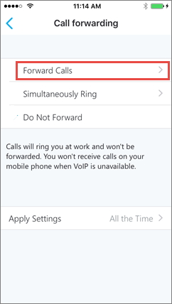 Οθόνη προώθησης κλήσεων του Skype για επιχειρήσεις για iOS
