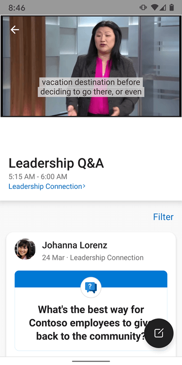 Στιγμιότυπο οθόνης που εμφανίζει την περίοδο λειτουργίας ερωτήσεων και απαντήσεων με τους ηγέτες στην εφαρμογή Android του Yammer