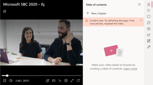 Το τμήμα παραθύρου Πίνακας περιεχομένων είναι ανοιχτό στα δεξιά ενός βίντεο. Ένα μήνυμα σφάλματος αναφέρει "Δεν ήταν δυνατή η αποθήκευση. Δοκιμάστε να ανανεώσετε τη σελίδα. Εάν το πρόβλημα δεν επιλυθεί, φορτώστε ξανά το βίντεο".