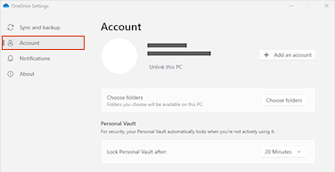 Στιγμιότυπο οθόνης που εμφανίζει την καρτέλα "Λογαριασμός" στις ρυθμίσεις του OneDrive.