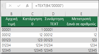 Παραδείγματα χρήσης της συνάρτησης TEXT για μορφοποίηση των μηδενικών στην αρχή.  =TEXT(A2;"00000")