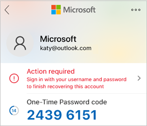 Στιγμιότυπο οθόνης που εμφανίζει τον κωδικό εφάπαξ κωδικού πρόσβασης του Microsoft Authenticator.