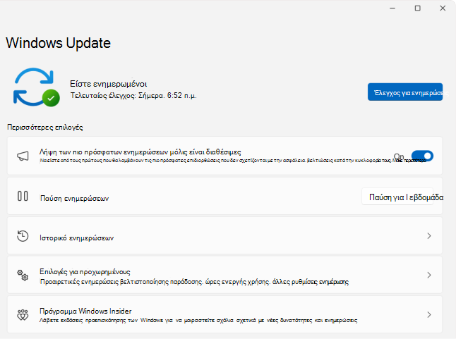 Στιγμιότυπο οθόνης της > Windows Update "Ρυθμίσεις".