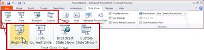 The Slide Show tab, in PowerPoint 2010, looking at the Start Slide Show group.