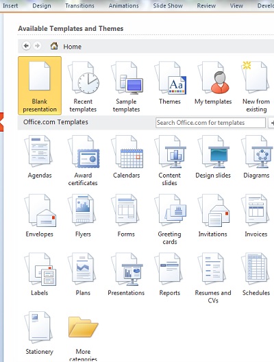 Template lists in the PowerPoint Backstage view