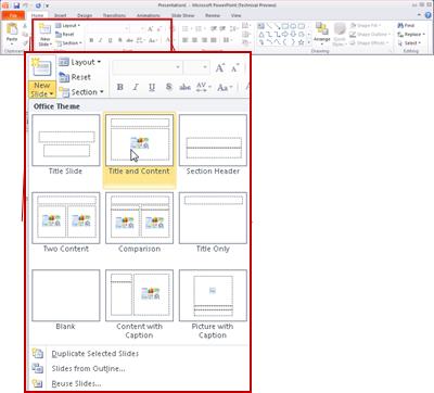 The Home tab, in PowerPoint 2010, looking at the Slides group.