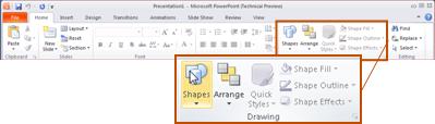 The Home tab, in PowerPoint 2010, looking at the Drawing group.