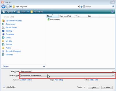 Save as a file in PowerPoint 2010.