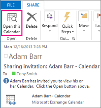 Open this Calendar button on a received calendar sharing invitation