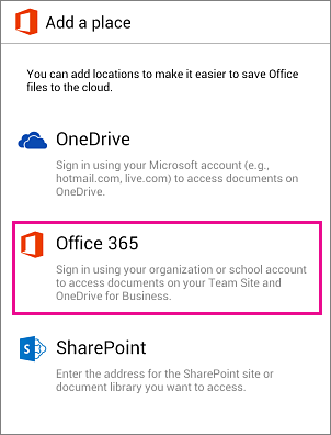 Select Office 365 on Add a place screen