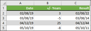 Add or subtract years from a starting date with =DATE(YEAR(A2)+B2,MONTH(A2),DAY(A2))