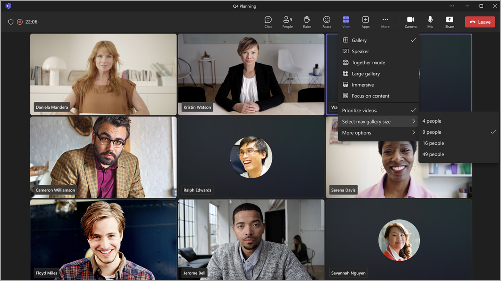 Screenshot of Teams meeting with nine video feeds of people and a drop-down menu for selecting viewing options.