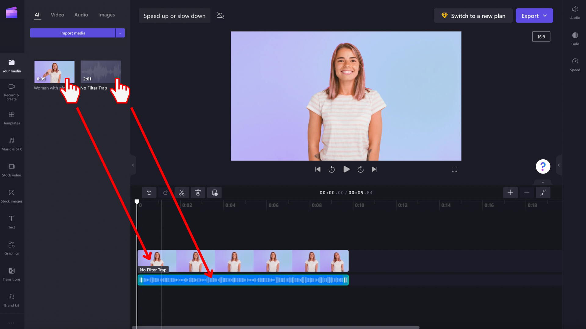 An image of a user adding a video and music to the timeline.