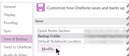 Screenshot of the OneNote Options dialog box for backing up a folder