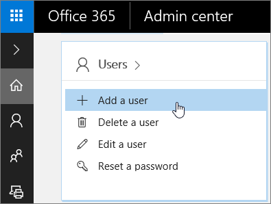Screenshot of where to add a user in the Office 365 Admin Center