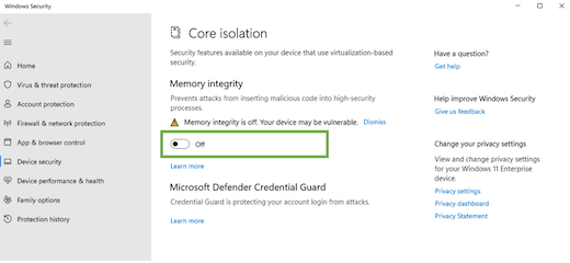Core isolation settings page with memory integrity toggle