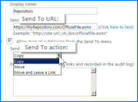 Screenshot of the Connection Settings section of the SendTo Connection page in the SharePoint Online admin center. You can specify the URL for a Content Organizer destination location here.