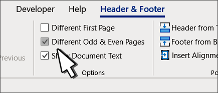 Odd Even button selected on header ribbon