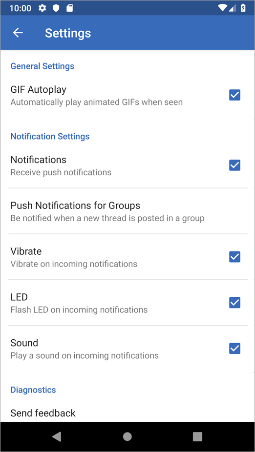 Yammer on Android Settings options