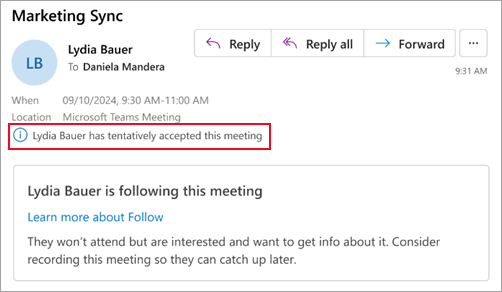 Screenshot for organizers who are not using new Outlook which shows attendee has tentatively accepted the meeting