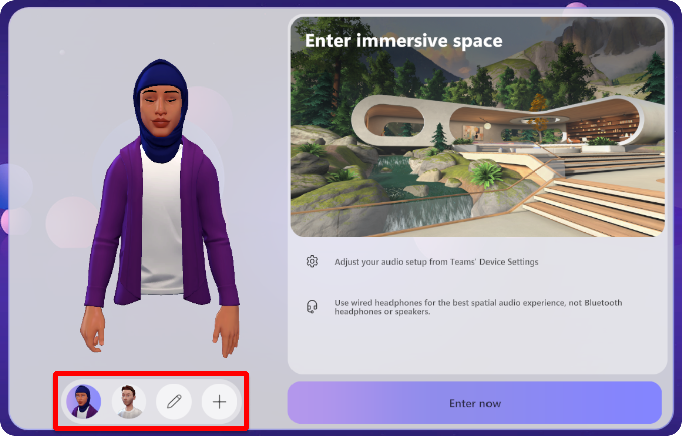 Screenshot of the pre-join screen for immersive spaces with avatar options highlighted.