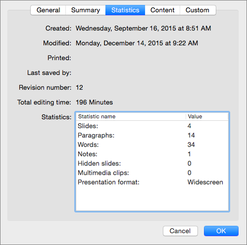where is the details tab in the properties window word 2016 for mac