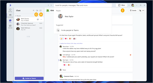 Shows Microsoft Teams (free) desktop experience with callouts for the included features.