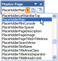 PlaceHolderMain listed on the Master Page toolbar