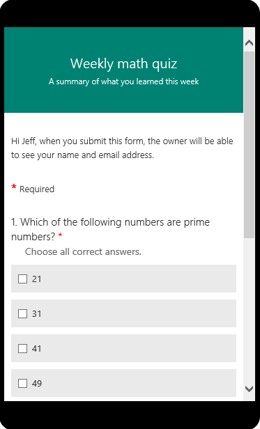 Math quiz displayed in mobile preview mode