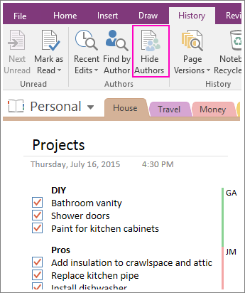 Screenshot of the Hide Authors button in OneNote 2016.