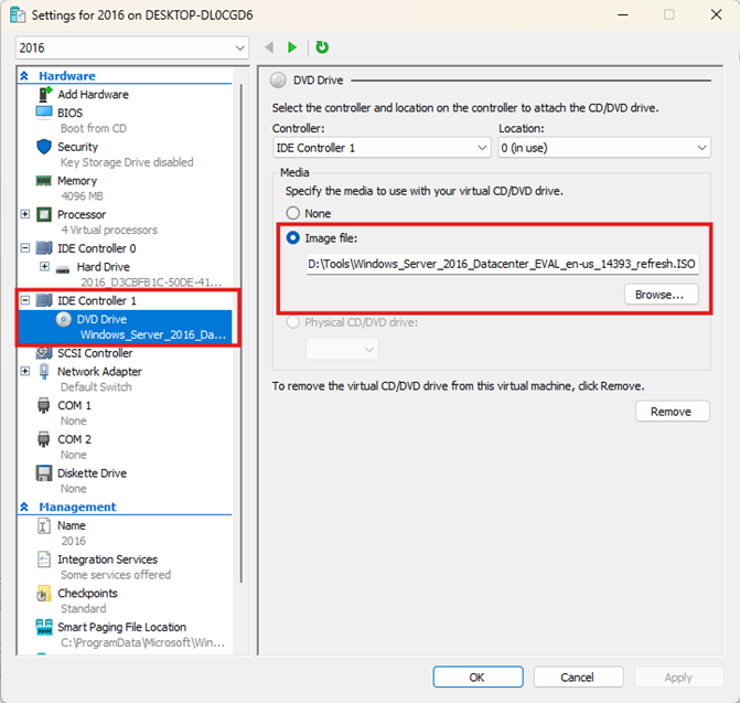 A screenshot of virtual machine (VM) settings in the Hyper-V management console with IDE Controller 1 highlighted and the Image file option highlighted with the path to the ISO file.