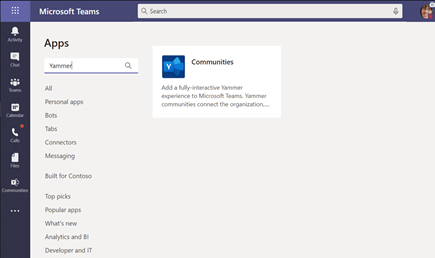 Installing the Yammer Communities app in Microsoft Teams