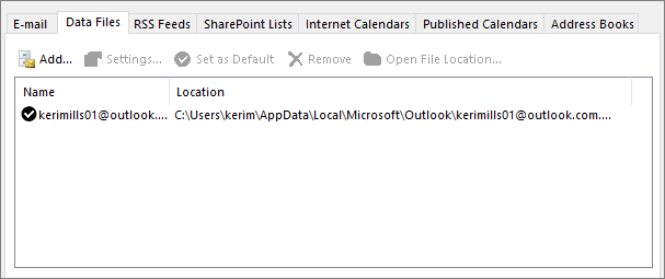 Data Files tab for Outlook Account Settings that shows location of outlook data files for a named user