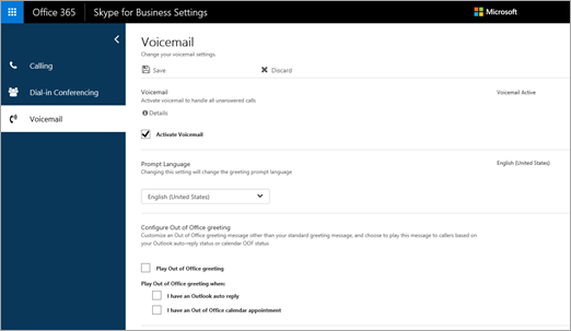 Skype for Business Settings > Voicemail