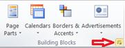 Building Blocks group showing the Show Building Block Library button in Publisher 2010