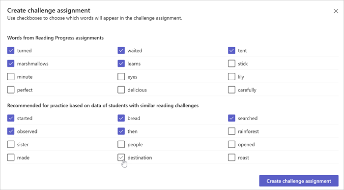 screenshot of recommended words generated by clicking "create challenge assignment". checkboxes are available for you to choose additional words from the original passage, as well as checkboxes to choose machine learning recommended words. 