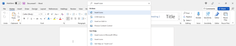 Voice Search in Word showing Insert Icon search term.