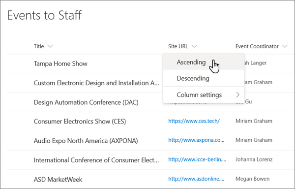 From the column header menu in the List view, the Sort option selected in the modern SharePoint experience