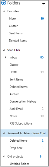 Navigation pane from Outlook with "Personal archive" highlighted