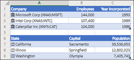 Image of Stock and Geography data types in Excel for the Web