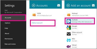 Windows 8 Mail menu pages: Settings > Accounts > Add an Account