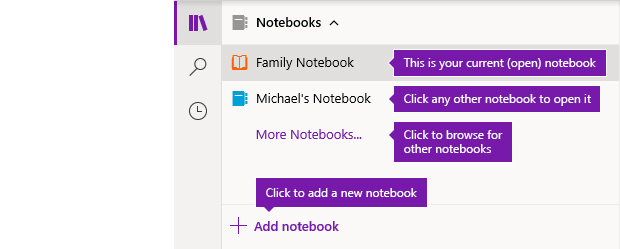 The Notebooks list in OneNote for Windows 10