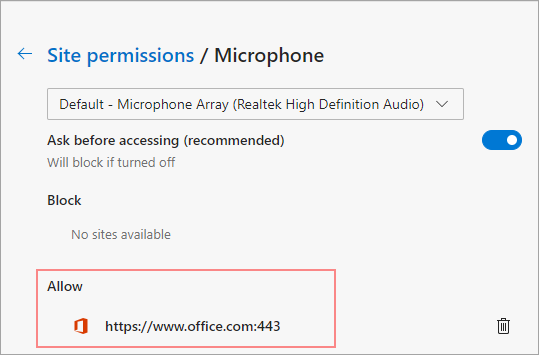Allow site in permissions