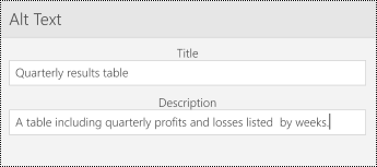 Alt text dialog for tables in PowerPoint Mobile for Windows Phones.