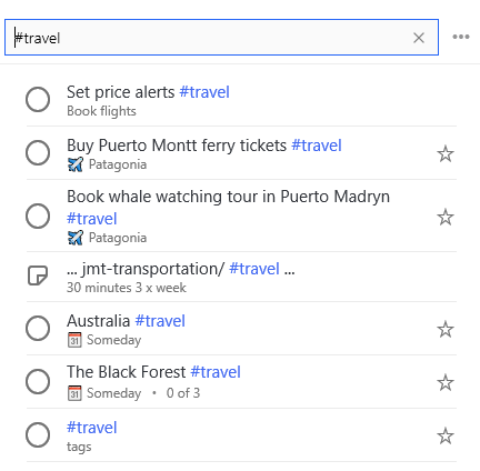 #travel has been entered in the search bar and a list of all tasks with the tag #travel is beneath it