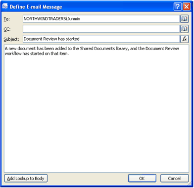 Define E-mail Message dialog box with text